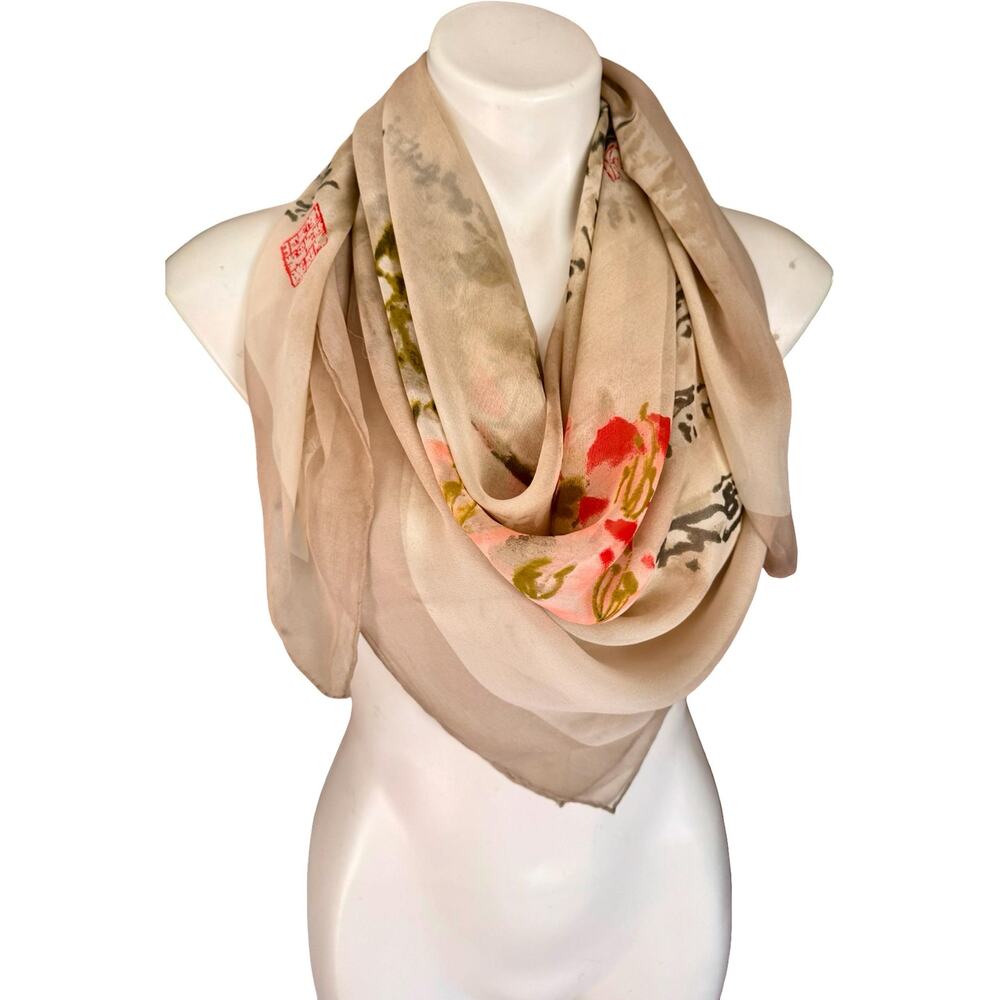 Vintage 1990s Asian Watercolor Calligraphy Silk Chiffon Scarf 40x42 - Picture 4 of 14